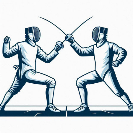 Fencing. Two men in fencing suit with swords. Vector illustration.