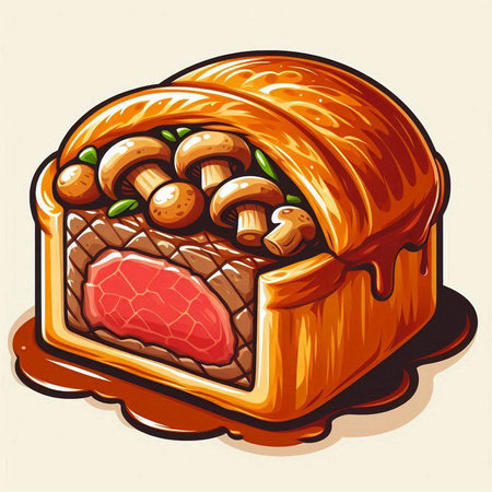 Illustration of a piece of meat in a roll with mushrooms.