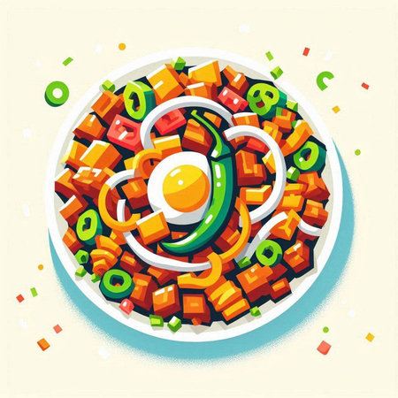 Illustration of a round plate with vegetables and fried egg on a light background