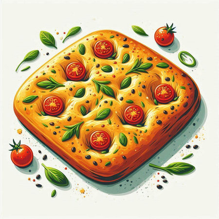 Illustration of a cheese pizza with tomatoes and basil on a white background