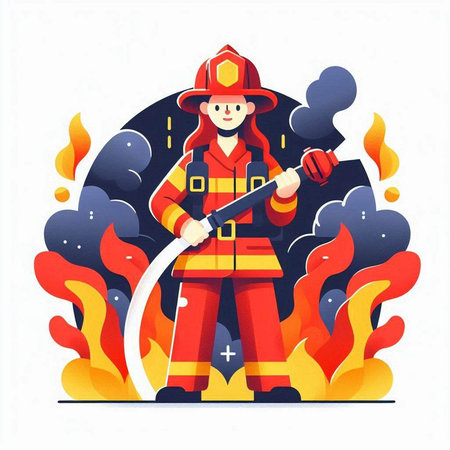 Firefighter with a hose in the fire. Flat vector illustration.