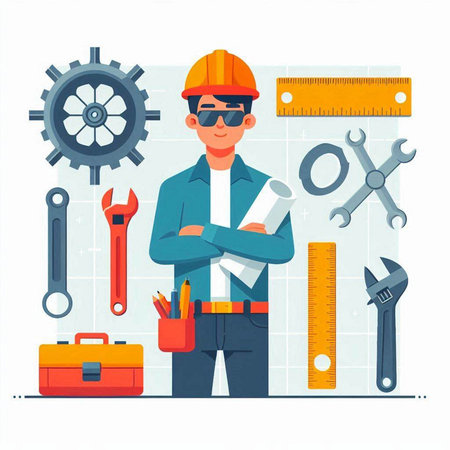 Worker with tools. Vector illustration in flat cartoon style. Man in helmet, glasses, overalls and...