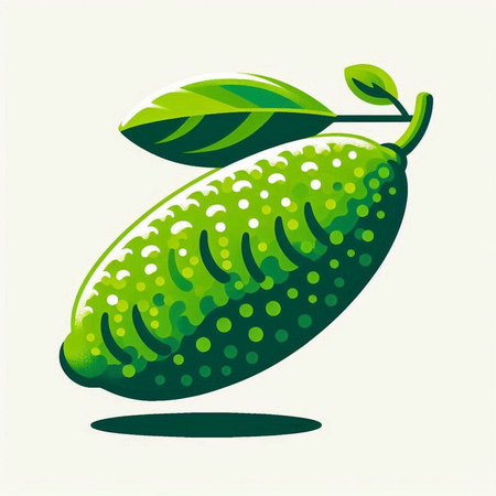 Vector illustration of a green mango with leaves on a light background.