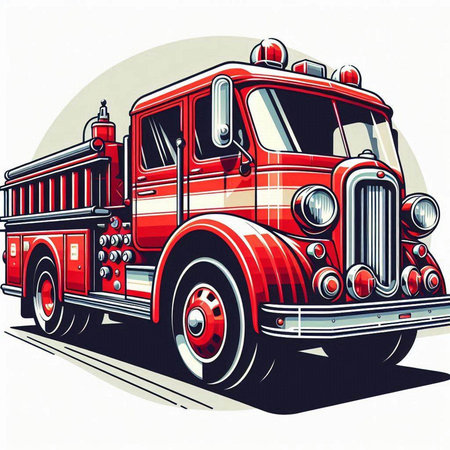 Vector illustration of a firetruck on a white background. Hand-drawn illustration.