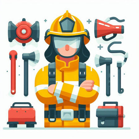 Firefighter woman in uniform with tools. Flat style vector illustration.