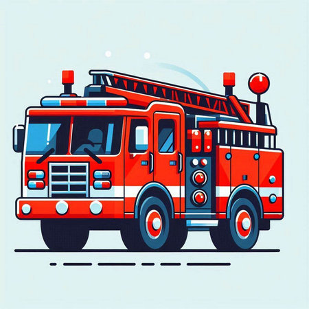 Fire engine. Vector illustration in flat cartoon style on blue background.