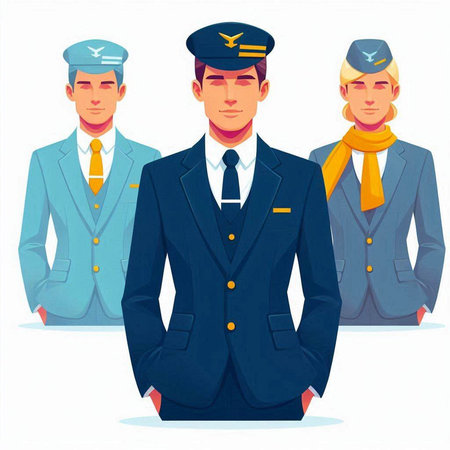 Group of pilots in uniform. Vector illustration in a flat style.