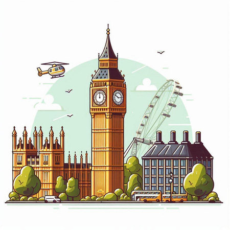 London, United Kingdom. Big Ben and London Eye. Vector illustration