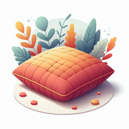 Illustration of a pillow on a white background with leaves and plants
