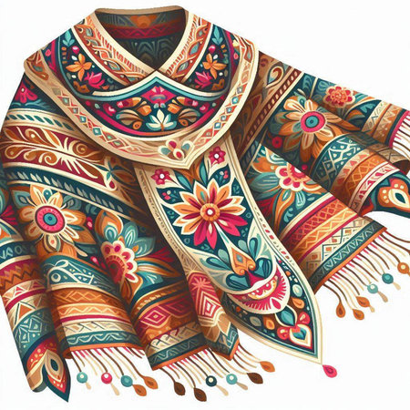 Colorful Indian scarf isolated on white background. Hand drawn illustration.