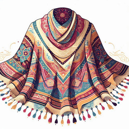 Colorful hand drawn shawl with ethnic ornaments.