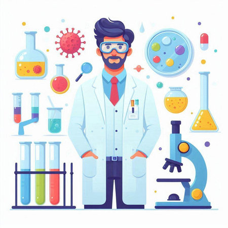 Scientist man in lab coat and glasses. Vector illustration in flat style