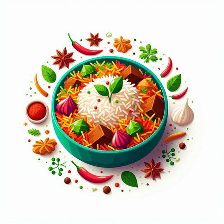 Illustration of Indian food with rice, spices and vegetables on white background