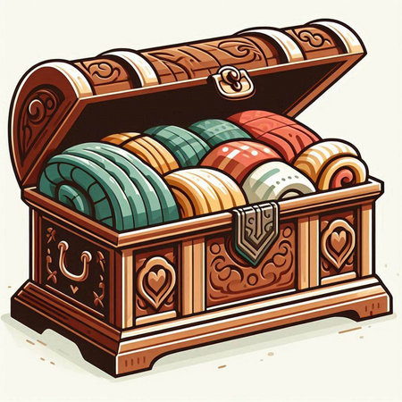 Illustration of a wooden chest full of jewelry. Vector illustration.