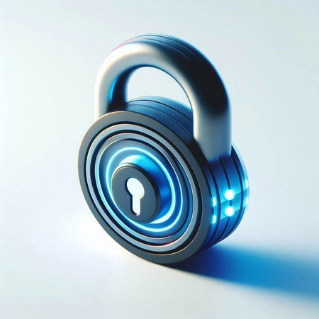3d rendering of a padlock with a blue light on it