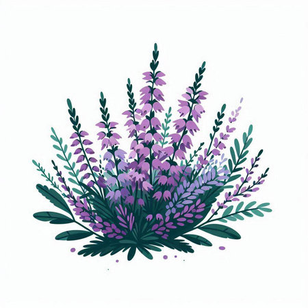 Bouquet of purple heather flowers. Hand drawn vector illustration.のイラスト素材