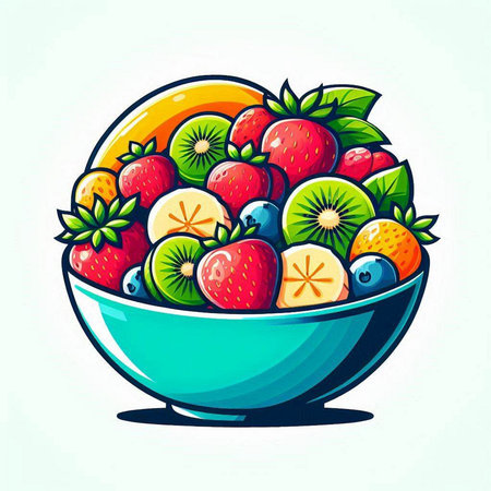 Fruit salad in a bowl isolated on white background. Vector illustration.のイラスト素材