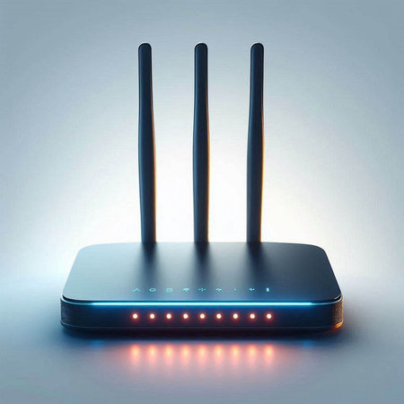 Wireless router with led lights on a gray background. 3d rendering