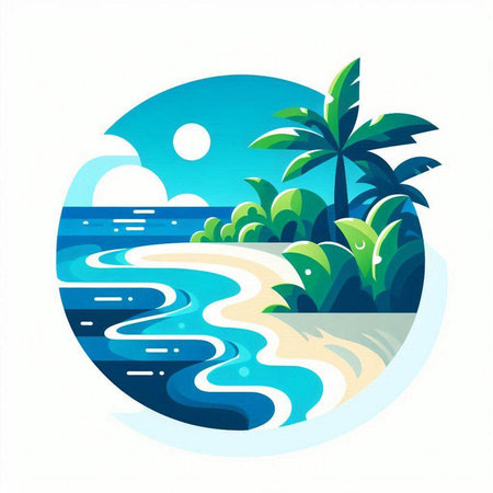 Tropical beach with palm trees and waves. Vector illustration.のイラスト素材