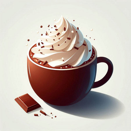 Cup of hot chocolate with whipped cream and chocolate, vector illustrationのイラスト素材