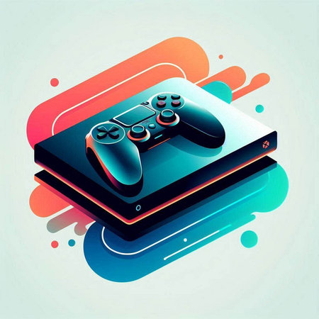 Gamepad and mobile phone on colorful liquid background. Vector illustration.