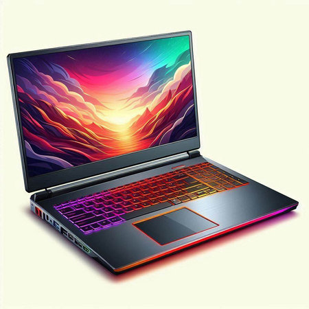 Laptop with a colourful sunset on the screen, 3d illustration