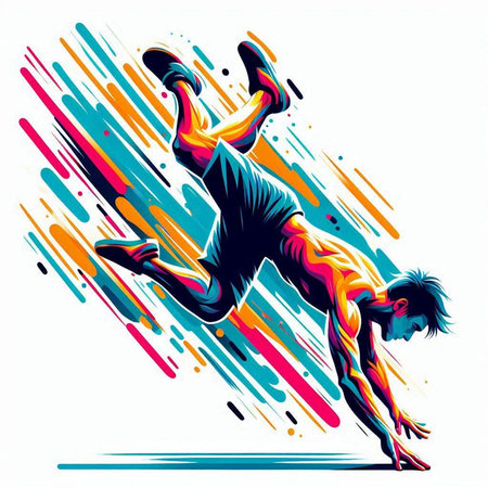 illustration of a young man jumping with colorful lines on background.