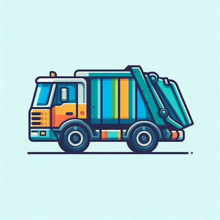 Vector illustration of a garbage truck on a blue background. Flat style.