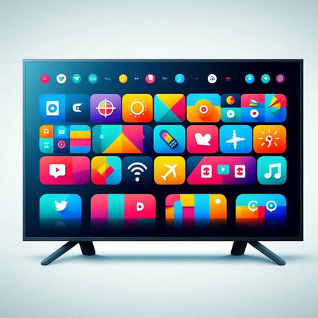 Illustration of a modern computer monitor with colorful apps and icons.