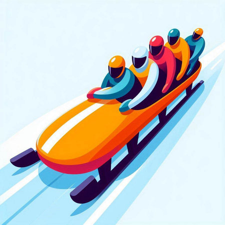 Vector illustration of people riding a snowmobile on a winter day.
