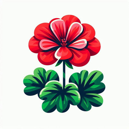 Illustration of a red geranium with green leaves on a white background