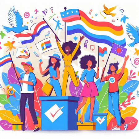 Vector illustration of a group of people with flags and symbols of the LGBT community.