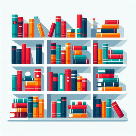 Bookshelves with books and magazines. Vector illustration in flat style