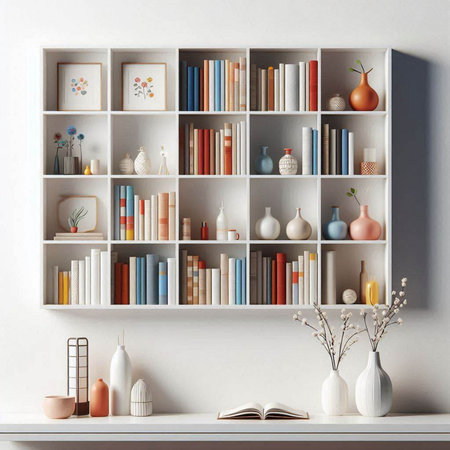White bookshelf with books and vases. 3d rendering
