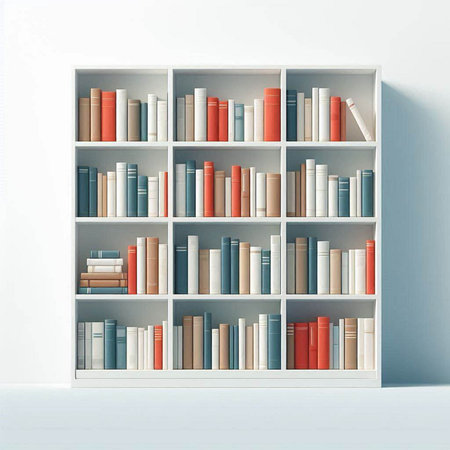 Bookshelf with books on white wall. 3d render illustration