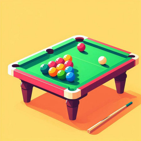 Billiard table with balls and cue on yellow background. Vector illustration