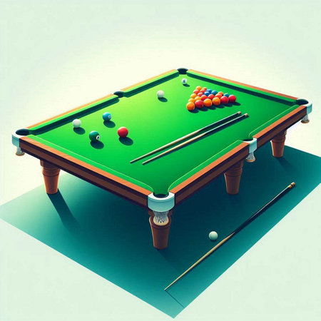 Pool table with balls and cue on white background, 3d illustration