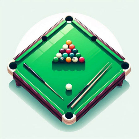 Billiard table with balls, cue and cue. Vector illustration.