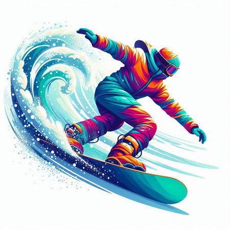Snowboarder jumping against the background of a wave. Vector illustration.