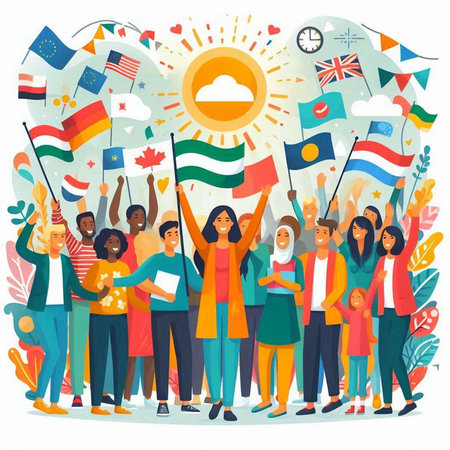 Group of people holding flags of different countries. Flat vector illustration.