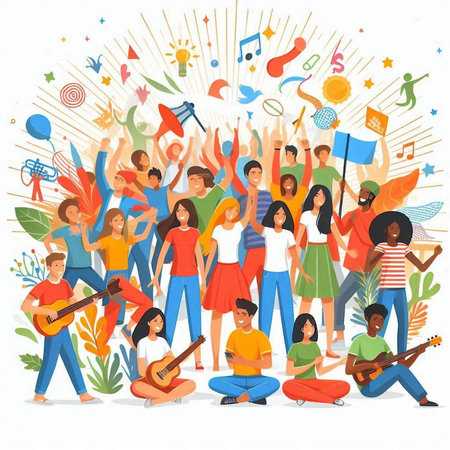 Group of happy young people with musical instruments. Vector illustration in flat style.