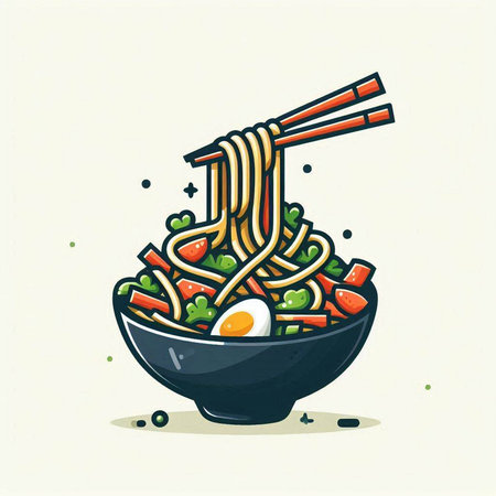 Soba noodle in a bowl with chopsticks. Vector illustration.