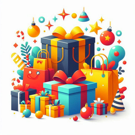 Christmas and New Year vector illustration with gift boxes, presents and ballsのイラスト素材