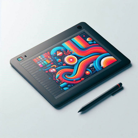 Tablet computer with colorful abstract drawing on the screen. Technology concept