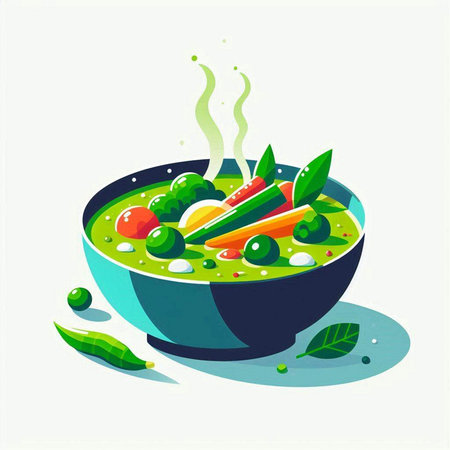 Green soup with vegetables and herbs in a bowl. Vector illustration.