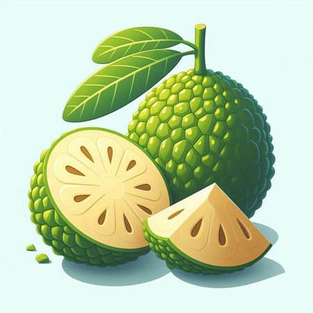 Illustration of green bergamot fruit with slices and leaves.