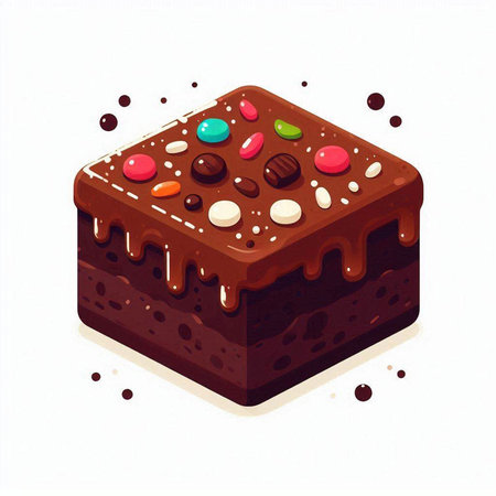 Illustration of chocolate cake with candies on a white background.
