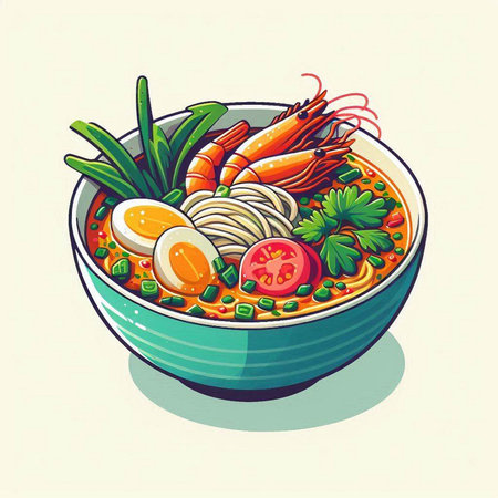Illustration of a bowl of spicy soup with shrimps and vegetables