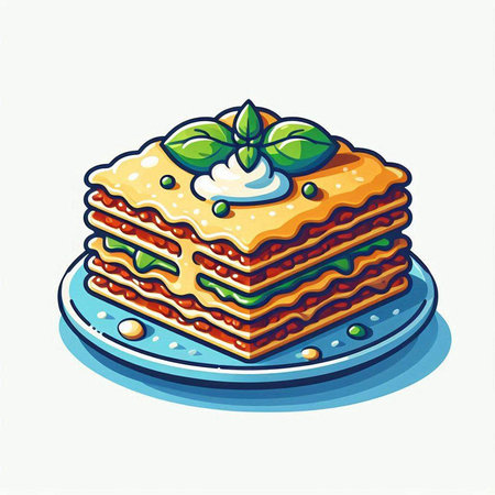 Illustration of a stack of lasagna with basil leaf on a plate