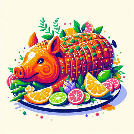 Illustration of a piggy bank on a plate with citrus fruitsのイラスト素材
